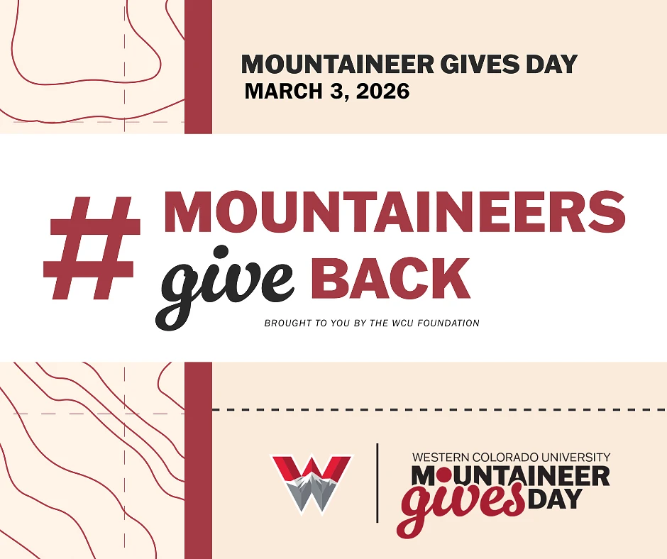 The image promotes "Mountaineer Gives Day" on March 3, 2026, encouraging support with the hashtag "#MountaineersGiveBack," presented by the WCU Foundation.
